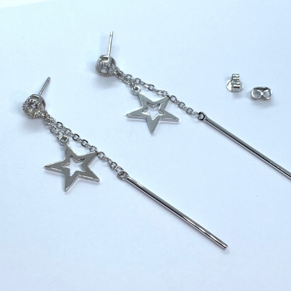 Sterling Silver 925 Star Long Chain Stud Earrings - Picture 5 of 5